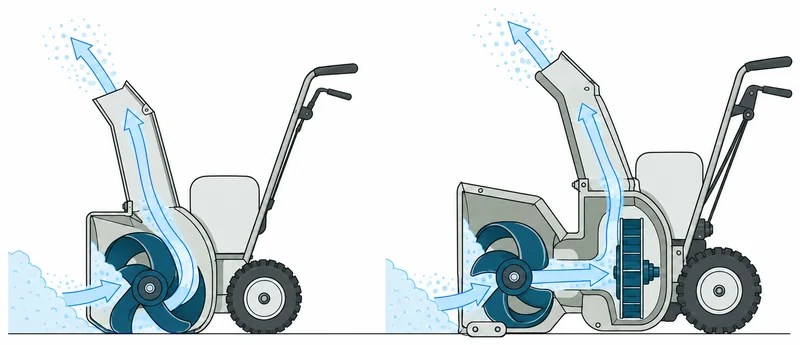 Genomskärning av en enstegs och en tvåstegs snöslunga. I enstegsmodellen tar skruven upp snön och kastar ut den genom utkastet. I tvåstegsmodellen matar skruven snön bakåt till en fläkt som kastar ut den.