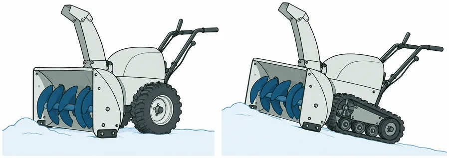 Två likadana tvåstegs snöslungor. Den vänstra har stora gummihjul och står på plan mark. Den högra har band och kör uppför en snöig backe.