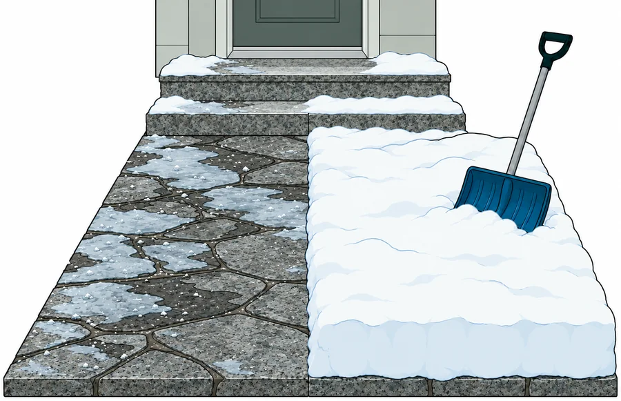 En stenlagd gång till en ytterdörr. Till vänster smälter ett tunt lager is med salt på. Till höger ligger tjock snö med en snöskyffel i.